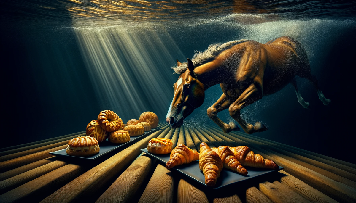 a horse swimming towards pastries